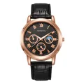 Detail of Geneva quartz watch with black textured dial and rose gold Roman numerals - Black Dial Black Strap