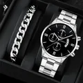 Classic silver steel men's watch and Cuban chain bracelet set with black dial - Silver Watch And Bracelet