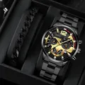 Men's black steel quartz watch and Cuban chain bracelet business set in a gift box - Black Gold Watch And Bracelet