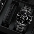 Classic all-black men's business watch set with a steel band and matching Cuban bracelet - Black Bracelet Set
