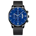 Detail of blue dial men's watch with mesh strap and date window in macro view - Black Case Blue Dial