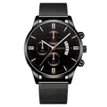 Detail of black mesh band watch featuring triple sub-dials and date window displays - Black Case Rose Gold Needle