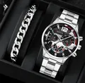 Silver stainless steel business watch set with black dial and cuban chain bracelet in a box - Silver Watch + Bracelet