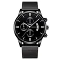 Detail of all-black men's watch featuring a Milanese mesh strap and three-eye calendar dial - Black Case Silver Needle