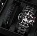 Detailed view of luxury men's black steel watch and matching cuban link bracelet set - Black Watch + Bracelet