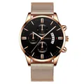 Detail of rose gold mesh watch band with black dial showing calendar and sub-dials - Rose Gold Case Black Dial