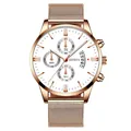 Rose gold men's quartz watch with white dial, calendar window and mesh strap - Rose Gold Case White Dial