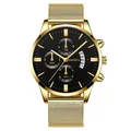 Detail of Geneva men's watch featuring a black dial and golden mesh band with date display - Gold Case Black Dial