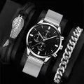 Set moda uomo con orologio al quarzo, bracciale in pelle nera e catena cubana argento - Quadrante Nero Orologio Maglia E Bracciale Piuma/Catena Cubana / Nero 657-2