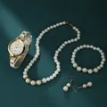 Elegant gift set featuring a white leather quartz watch and faux pearl jewelry on a dark texture - White Faux Pearl Jewelry Watch Assortment / White