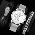 Set orologio uomo con bracciale in pelle e piuma e catena cubana in argento - Orologio in Maglia Argentata E Bracciale Piuma/Catena Cubana / Argento 657-1