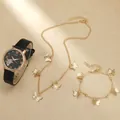 Elegant women's black leather watch set with golden butterfly necklace and bracelet - Black Watch And Butterfly Jewelry Set