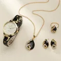 Women's quartz watch and black gemstone jewelry set with gold necklace and ring - Black Waterdrop Gemstone Jewelry Watch Assortment / Black
