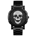 Montre homme noire mate avec cadran crâne argenté 3D et bracelet métallique - Style à Maillons Métalliques à Trois Perles / Argent