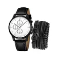 Dettaglio dell'orologio da uomo in pelle nera e del set di bracciali intrecciati multistrato - Quadrante Bianco Orologio Pelle Nera E Bracciale Multistrato / Bianco 657