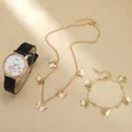 Elegante dameshorloge set met zwarte band, vlinderketting en bijpassende armband - Zwart Wit Wijzerplaat Sieraden Collectie