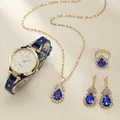 Elegant gold quartz watch set with blue leather strap and matching gemstone jewelry - Blue Waterdrop Gemstone Jewelry Watch Assortment / Blue