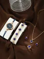 Six-piece gold women's watch and jewelry set with blue heart gemstones on silk fabric - Heart Rhinestone Watch Necklace Bracelet Ring Earrings / Light Gold Royal Blue