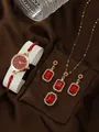 Detailed set featuring a gold quartz watch, red gemstone necklace, earrings, and ring set - Square Watch Necklace Ring Earrings / Red