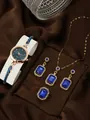 Close-up of 5-piece jewelry set with blue gemstone necklace, earrings, ring, and quartz watch - Square Watch Necklace Ring Earrings / Blue