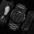 Coole Totenkopf-Quarzuhr für Herren mit mattschwarzem Kettenglied und Goth-Flügel-Charm - Schwarze Totenkopf-Uhr Mit Federanhänger Und Panzerketten-Accessoires / Schwarz