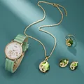 Elegante gouden horloge en groene kristallen sieradenset met bloemenwijzerplaat en ring - Groene Sieraden Collectie