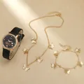Elegante dames horlogeset met zwart leren bandje en gouden vlinder sieraden - Zwart Zwart Wijzerplaat Sieraden Collectie