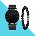 Minimalistisches Uhrenset mit blauen Zeigern und mattschwarzem Perlenarmband für Herren - Uhr Und Armband / Schwarz/Blau