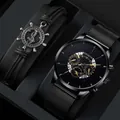 Men's mesh strap quartz watch with calendar and nautical rudder leather bracelet set - Black And Gold Set (Without Box)