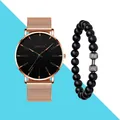 Nahaufnahme der Genfer Roségold-Netzuhr kombiniert mit einem schwarzen Perlenarmband - Uhr Und Armband / Roségold/Orange Nadeln