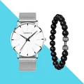 Detailsicht der silbernen Netzuhr und des schwarzen matten Perlenarmbands mit Hantelanhänger - Uhr Und Armband / Silber/Weiß