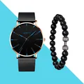 Men's minimalist black mesh watch with blue hands and matte dumbbell beaded bracelet set - Watch And Bracelet / Black/Rose Gold/Blue Needles