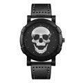 Mode Herren Quarzuhr mit silbernem 3D Totenkopf Zifferblatt und schwarzem Lederarmband - Schwarzes Lederarmband Mit Silber-Zifferblatt-Stil / Silber