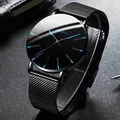 Minimalistische schwarze Quarzuhr für Herren mit Milanaise-Armband und blauen Akzenten - Einzelne Uhr / Schwarz/Blau