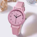 Detail of pink fashion watch with radial texture dial and small leather strap - Pink