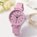 Detailed view of women's pink quartz watch with heart design dial and shimmer strap - Pink
