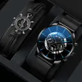 Business men's black mesh watch with date and blue markers plus leather helm bracelet - Black And Blue Set (Without Box)