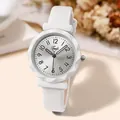 Detail of white leather strap watch with diamond-cut glass and silver sunray dial - White