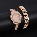 Luxe roségoudkleurig dameshorloge en grove Cubaanse schakelarmband set met strass - Arabische Cijfers Roségoud met Hip Hop Armband