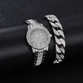 Zilveren horloge met strassteentjes en Cuban armband set met Romeinse cijfers dames - Arabische Cijfers Zilver met Hip Hop Armband