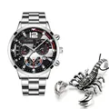 Mens business quartz watch with stainless steel strap and silver scorpion accessory - Silver Wristwatch With Pendant