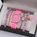 5-piece pink quartz watch set with silicone strap and beaded bracelets in a gift box - Tassel Marble Style