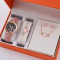 Women fashion watch gift set with pink leather butterfly dial and jewelry accessories - Rose Gold Pink Heart Style 3