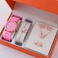 Pink quartz watch and jewelry set with butterfly pendants in a gift box for women - Butterfly Princess Style