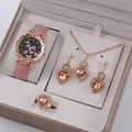 Pink leather watch with butterfly dial and matching heart jewelry gift set for women - Pink Heart Butterfly Style 1