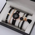 Elegant 5-piece black jewelry set with octagonal watch and bracelets in a gift box - Black Gold Tassel Heart