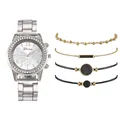 Détail d'un coffret montre quartz pour femme avec strass et quatre bracelets assortis - Montre Argent Et Bracelet Multiple
