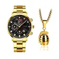 Set orologio al quarzo dorato da uomo con collana con ciondolo a granata - Orologio E Collana a Granata / Quadrante Nero Multifunzione Oro (Stile 6)