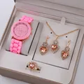 Close-up of pink quartz watch set with matching jewelry in a premium gift box - Heart Pink Gemstone Style