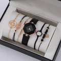5-piece set with black octagonal watch and matching rose gold fashion bracelets - Black Gold Compass Heart